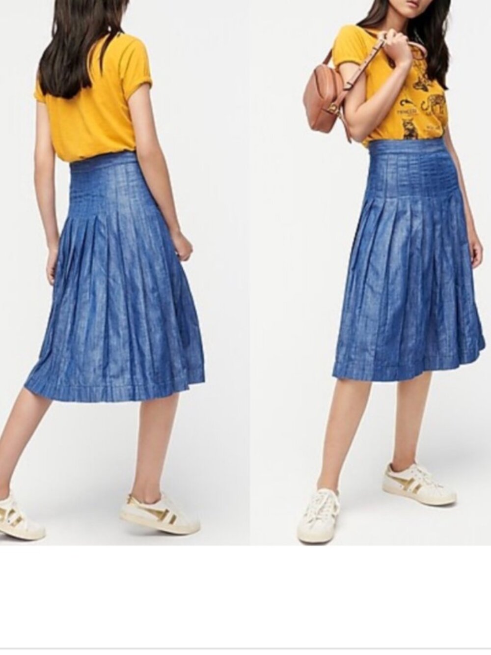 J. CREW Pleated Zipper Chambray Midi Cotton skirt Sz 8